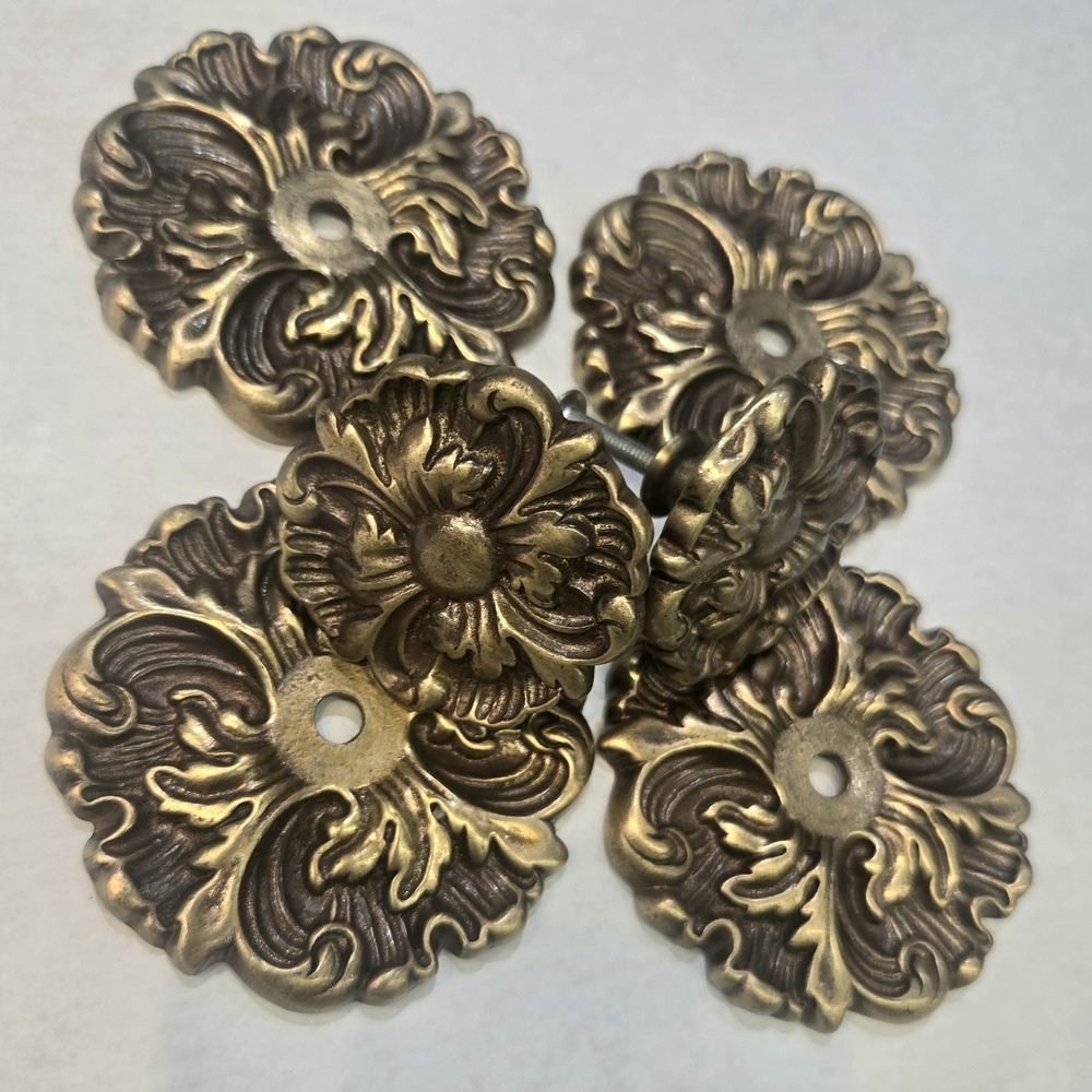 Vintage Lot CHC Brass Knobs Backplates A4351 Ornate Provincial Hardware Set of 6